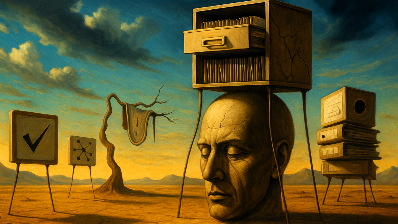 Surreale Wüstenlandschaft mit abstrakten Objekten und Figuren.