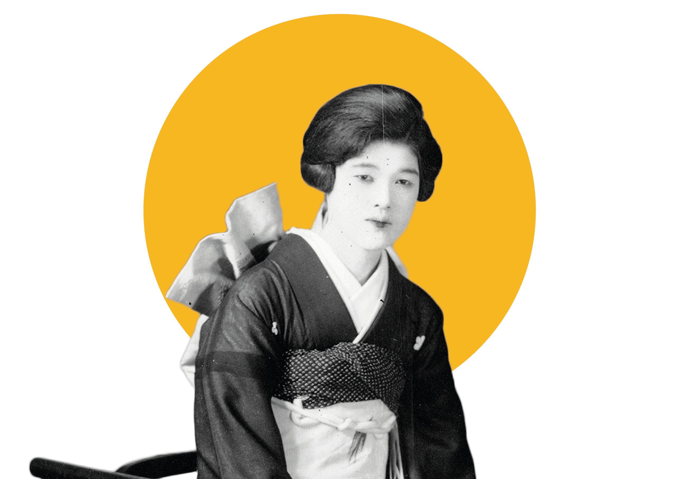 Japanische Frau in Kimono mit gelbem Kreis Hintergrund