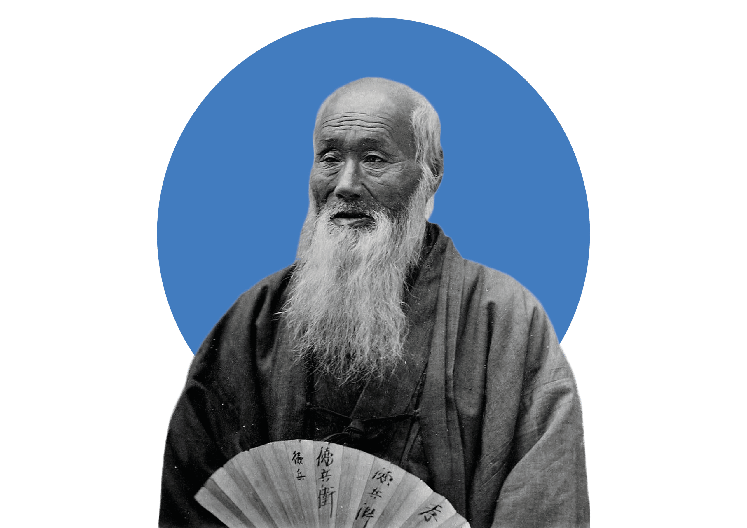 Elderly man with long beard holding a fan