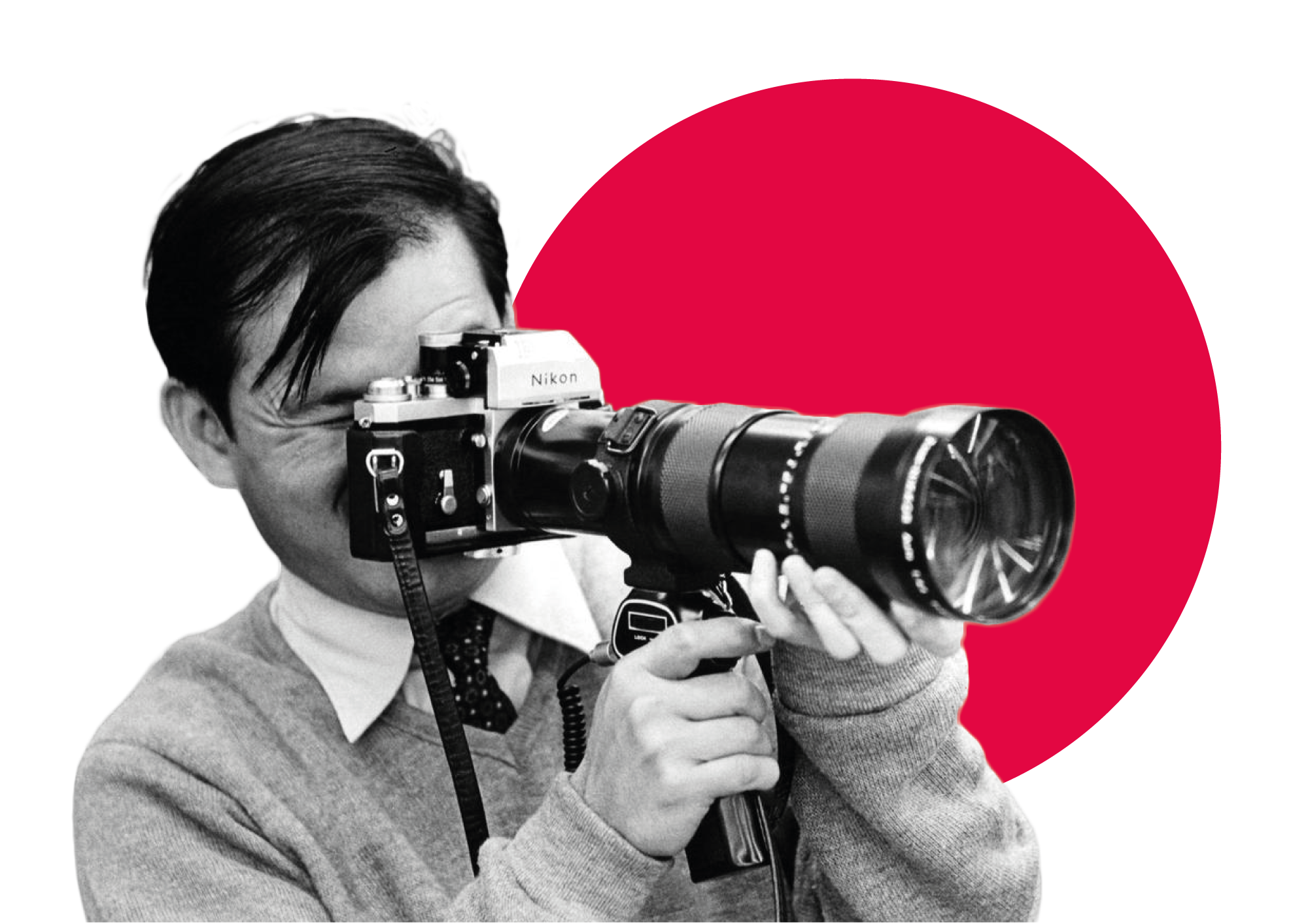 Photographer using Nikon camera, red circle background.