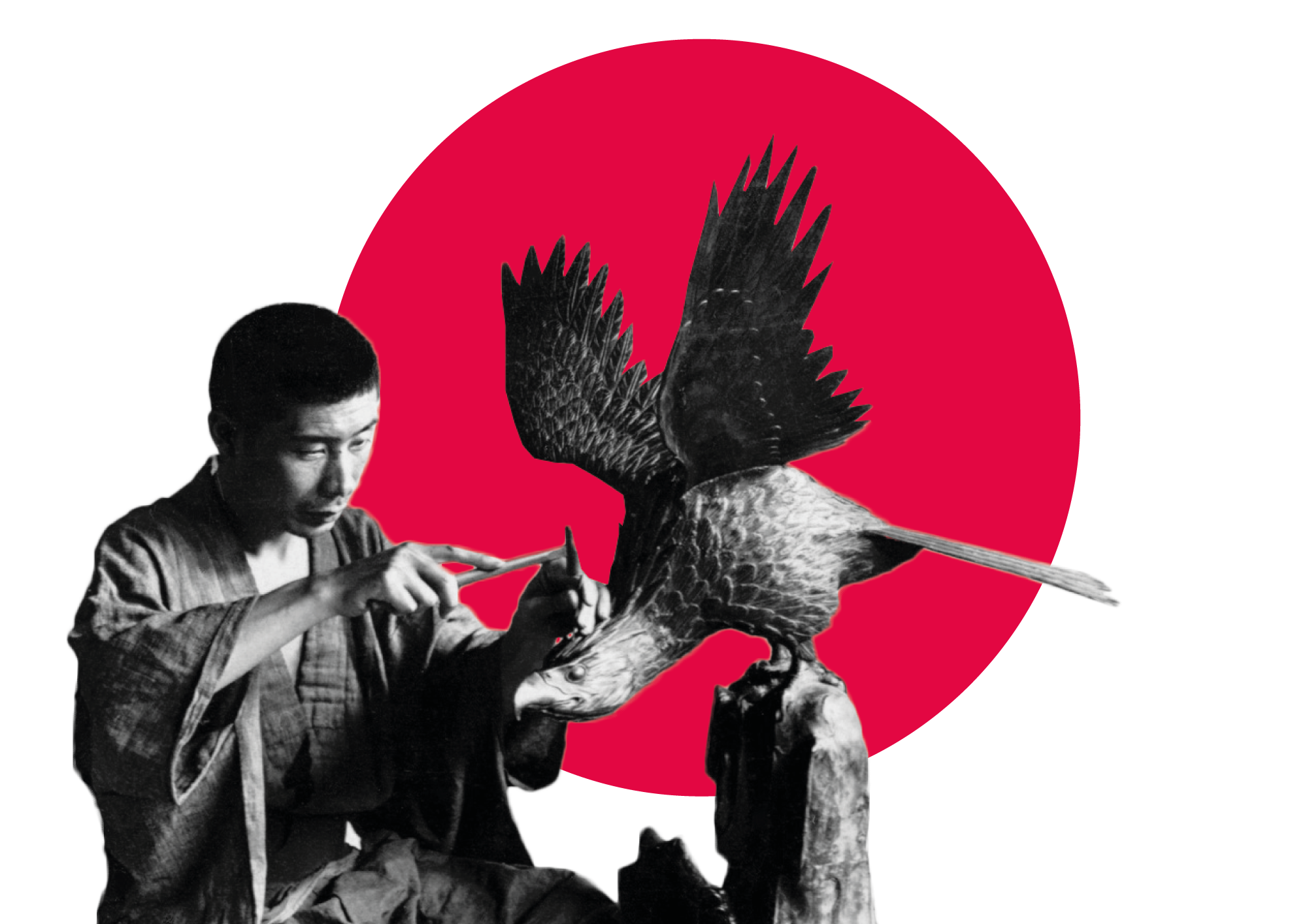 Japanese artisan crafting bird sculpture, red circle background.