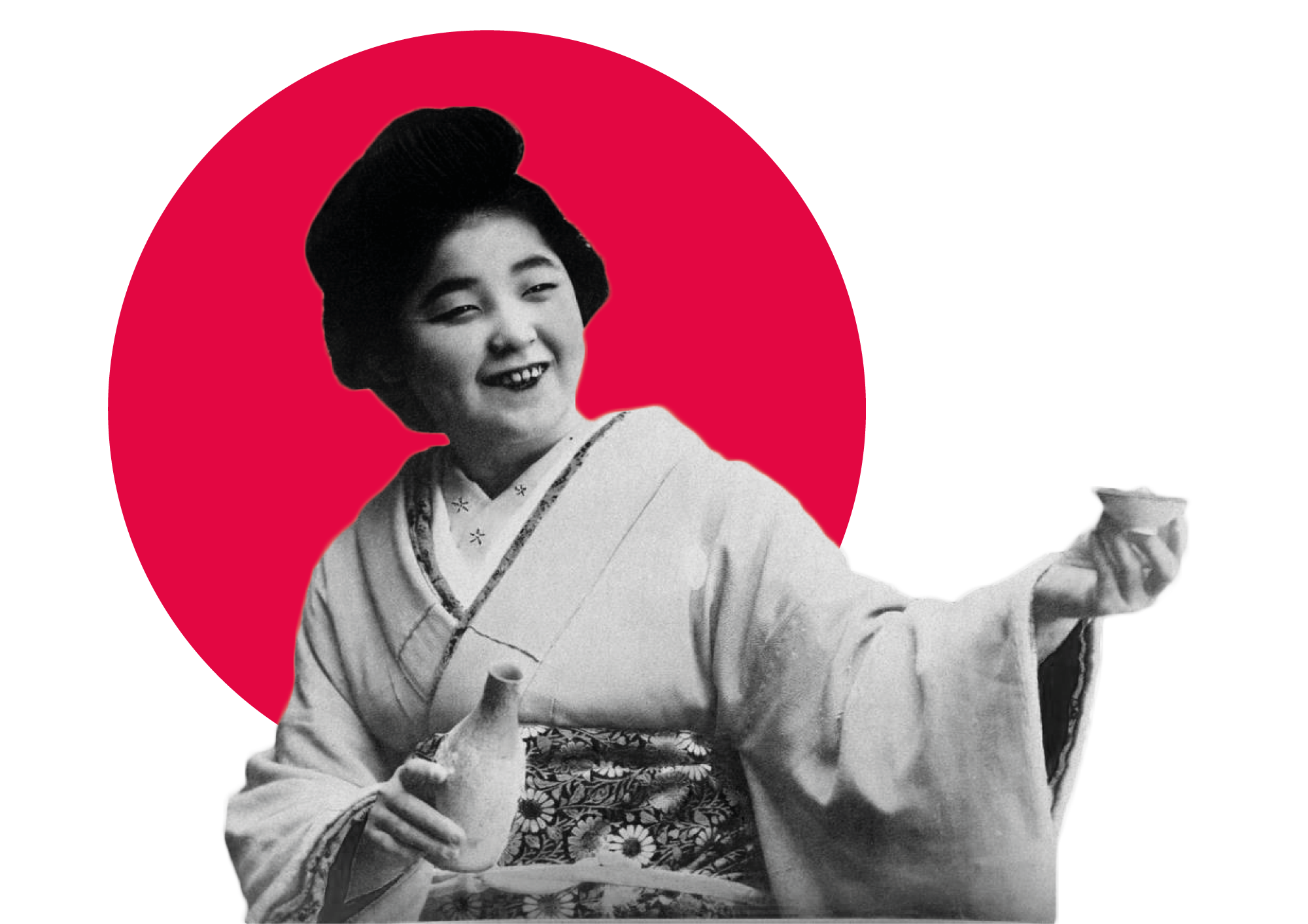 Smiling woman in kimono with sake, red circle background.