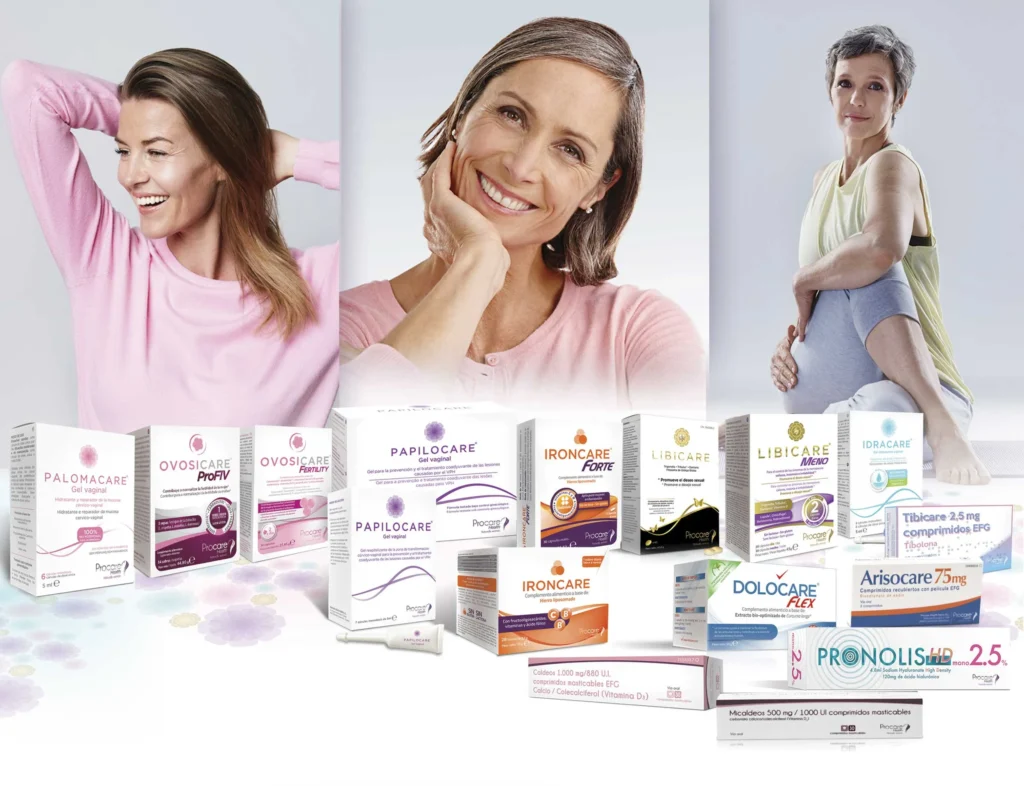 Health supplements and women smiling in wellness scene.