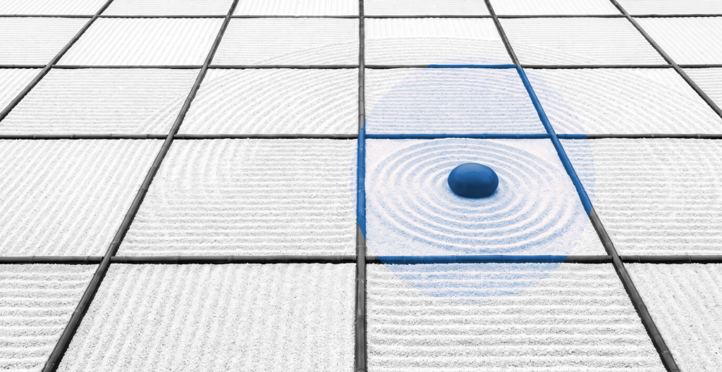 Black-and-white raked-gravel garden divided by bamboo strips into identical plots, with one dark stone and its ripple rings inside a blue circle.