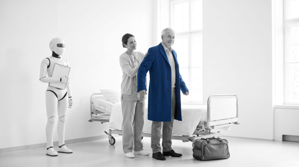 A case manager helps a patient into a blue coat for discharge while a white AI robot with a blank clipboard waits to one side