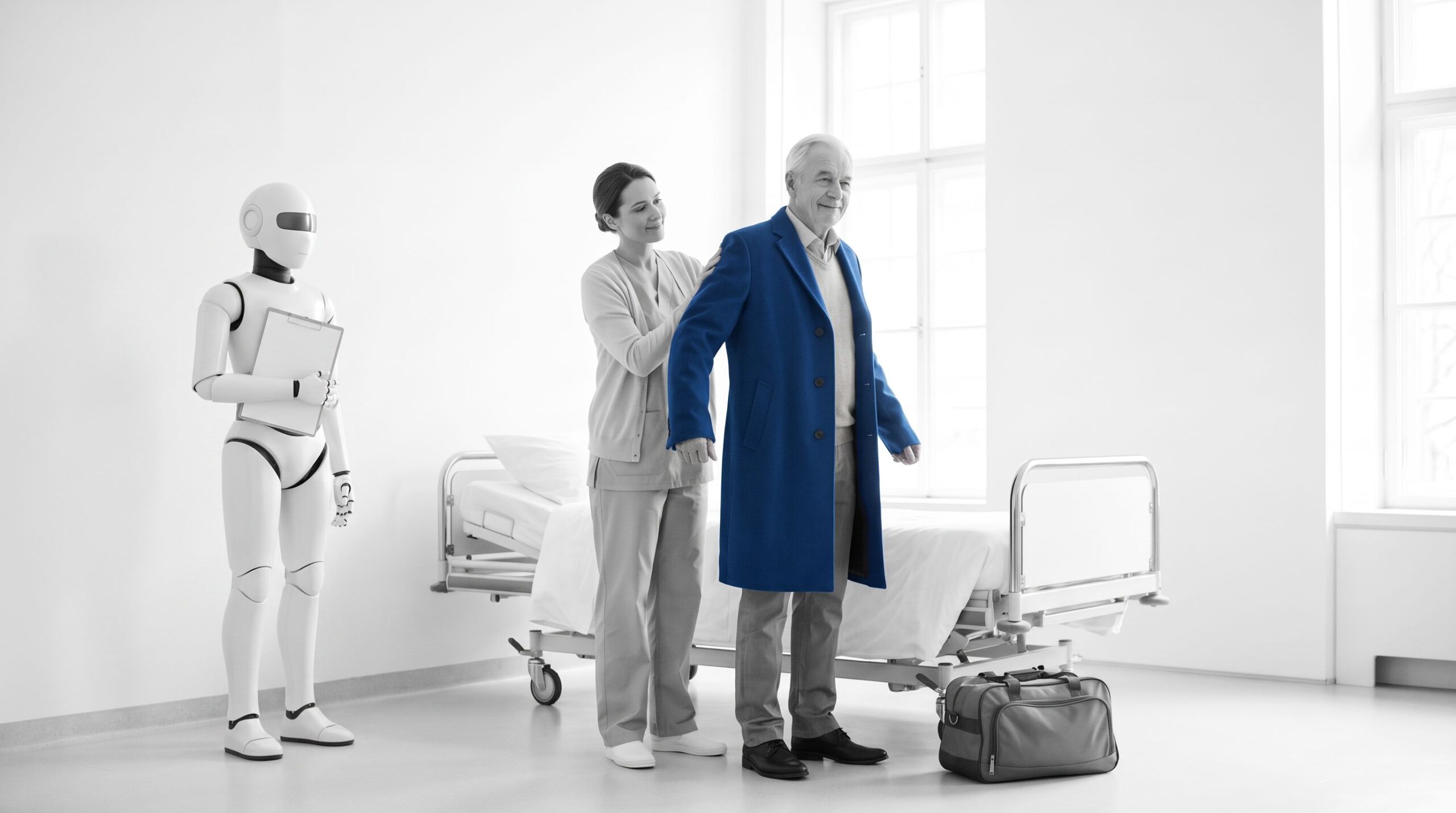 A case manager helps a patient into a blue coat for discharge while a white AI robot with a blank clipboard waits to one side