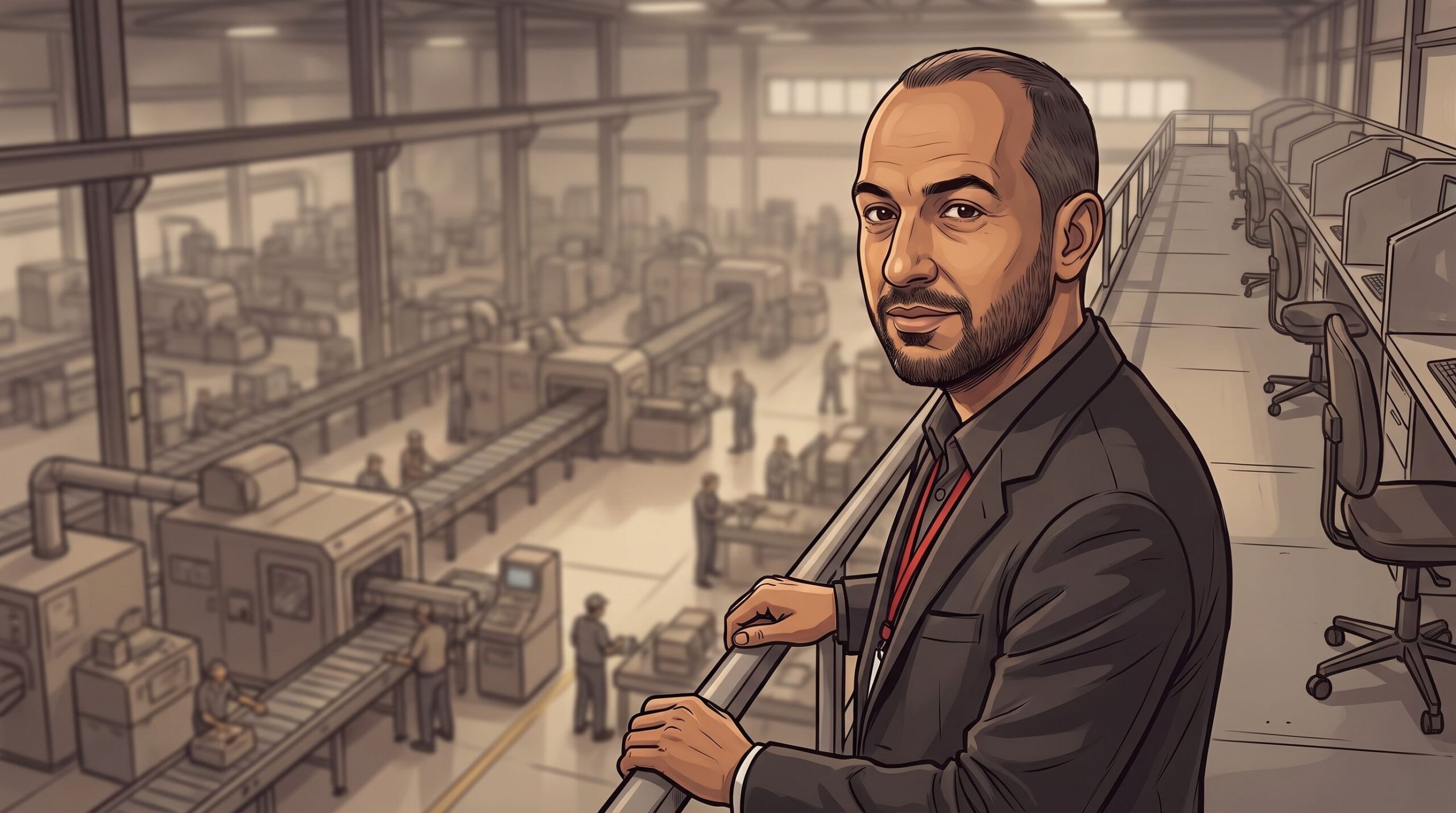 Haider Alleg alone on a walkway above a vast working floor, the supervisor stations empty