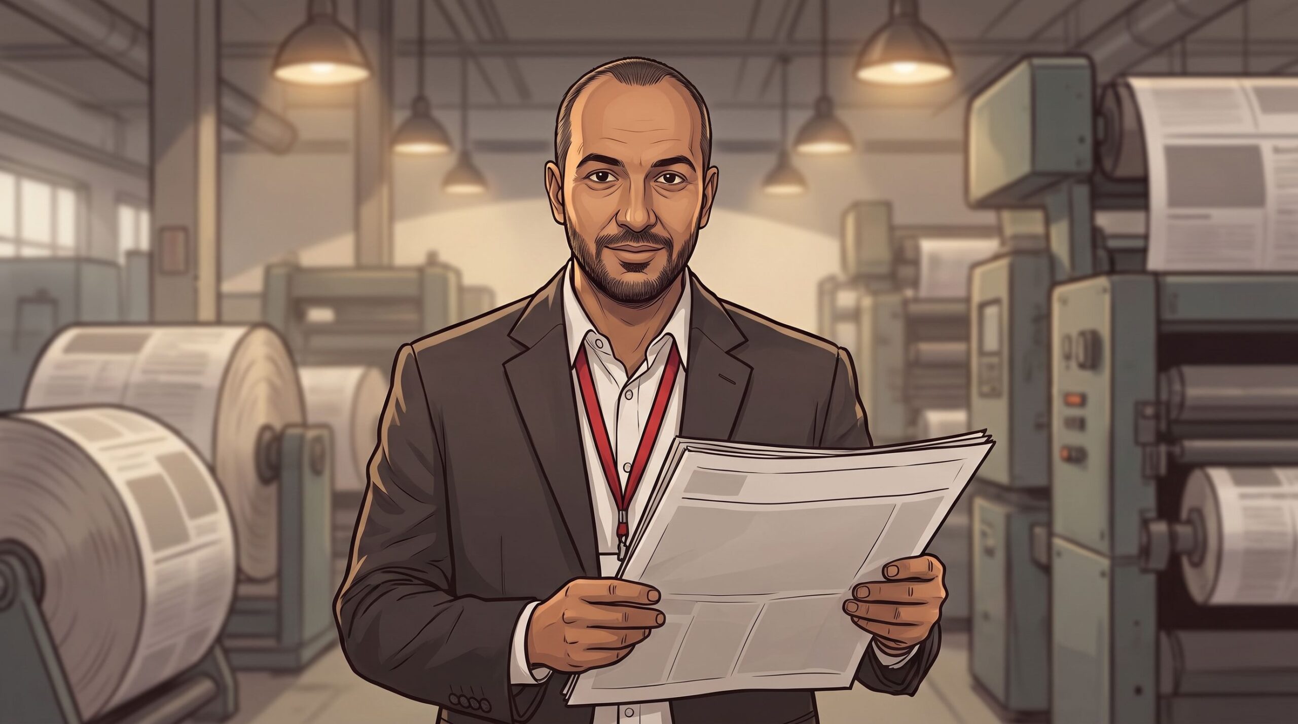 Haider Alleg holds a freshly printed newspaper on the floor of a press hall