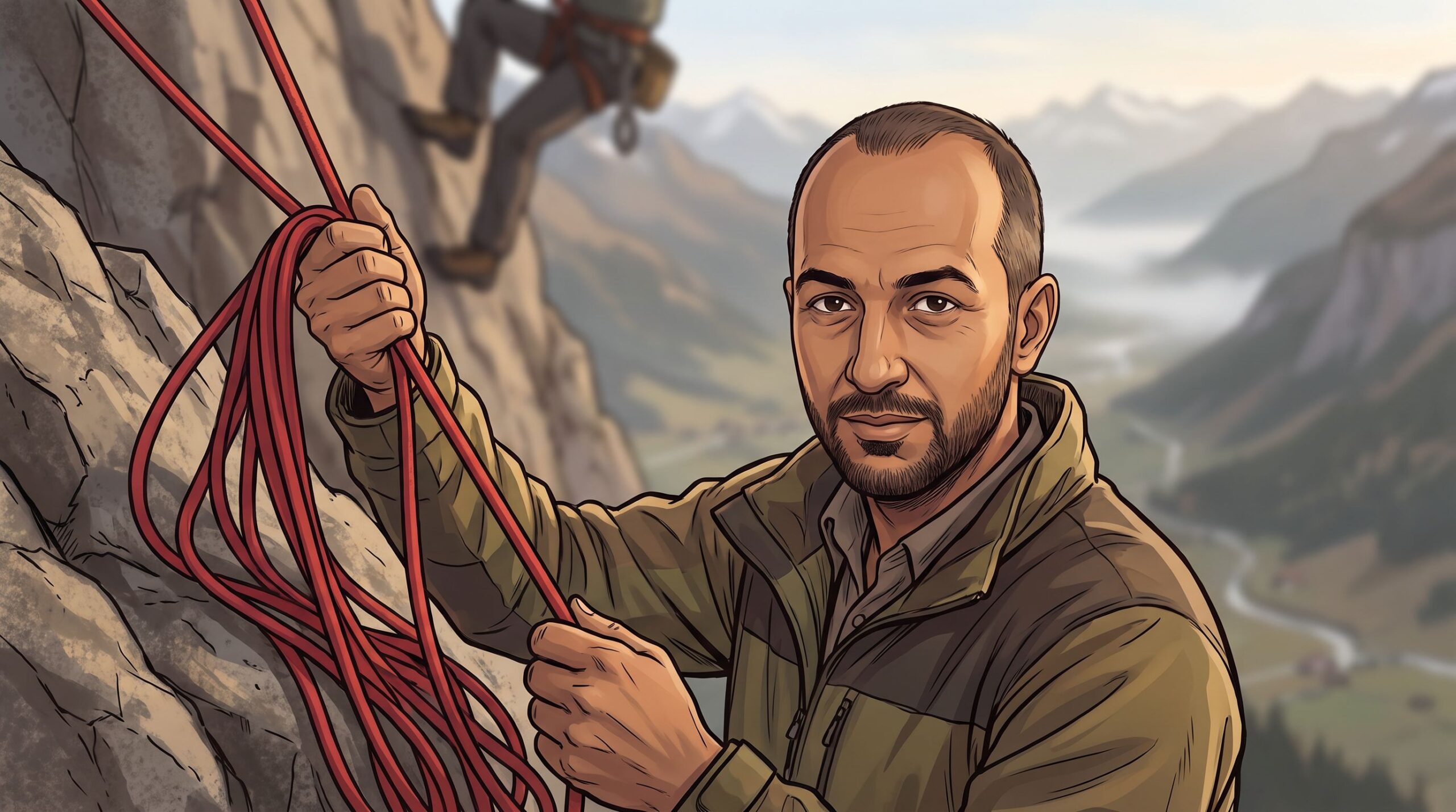 Haider Alleg belays the rope on an alpine face while a climber above reaches with confidence