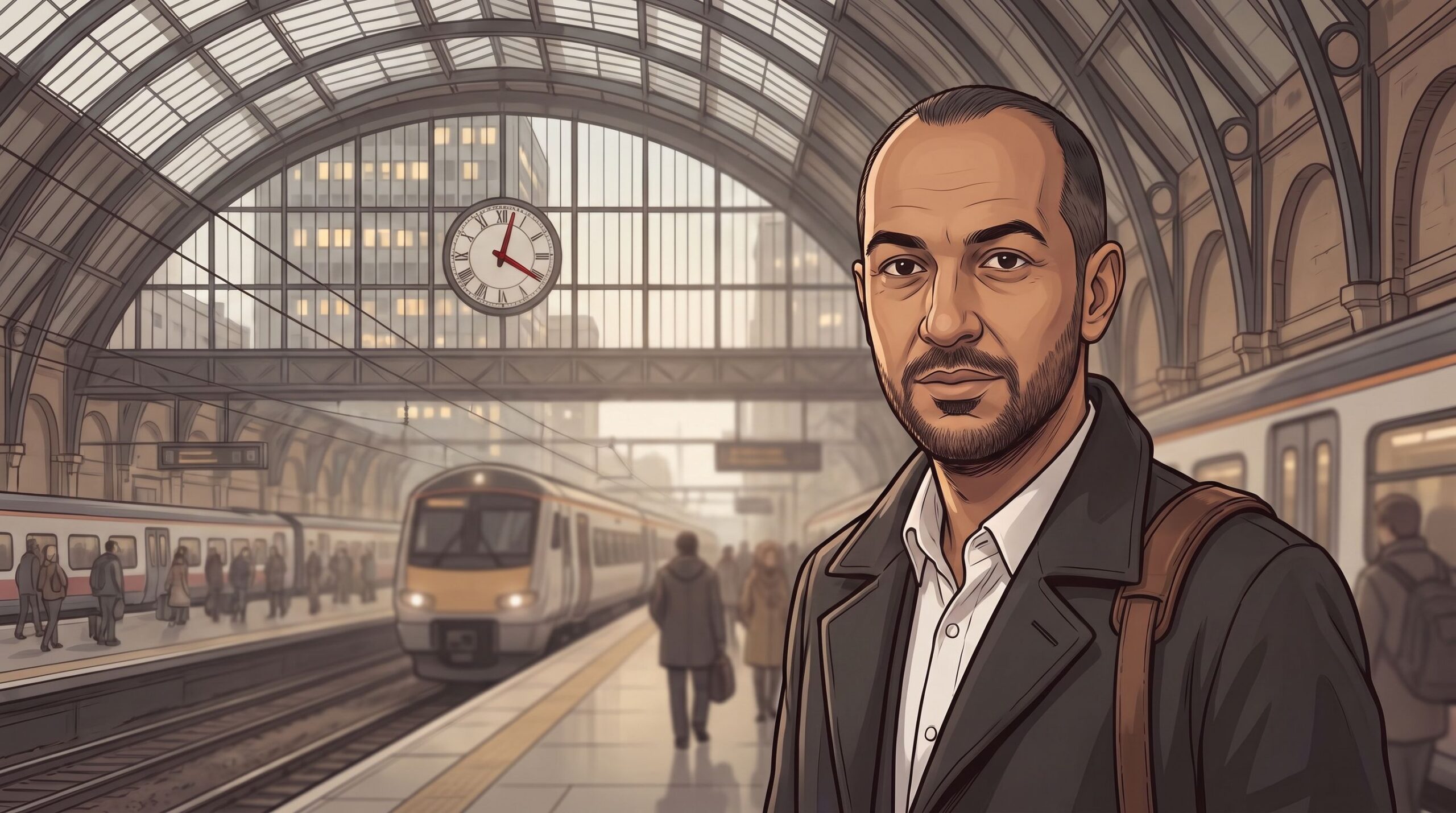 Haider Alleg on a station concourse as a half-full train departs and the tower beyond is half lit