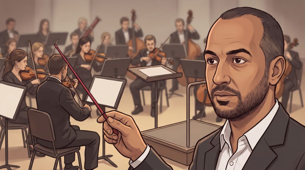 Haider Alleg takes up the baton before an orchestra waiting at an empty podium