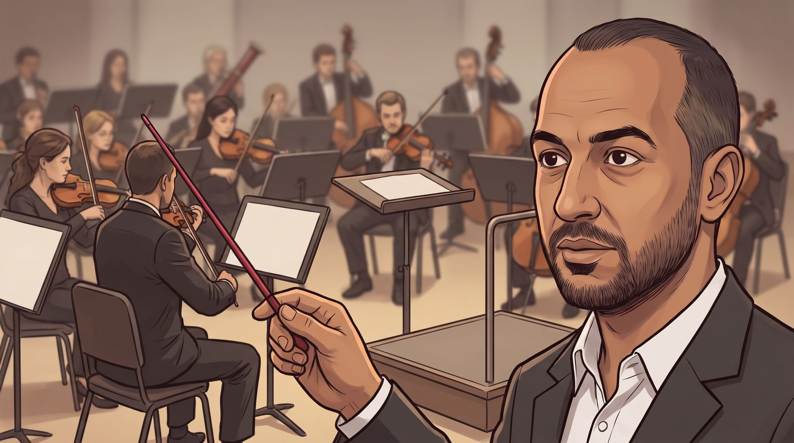 Haider Alleg takes up the baton before an orchestra waiting at an empty podium