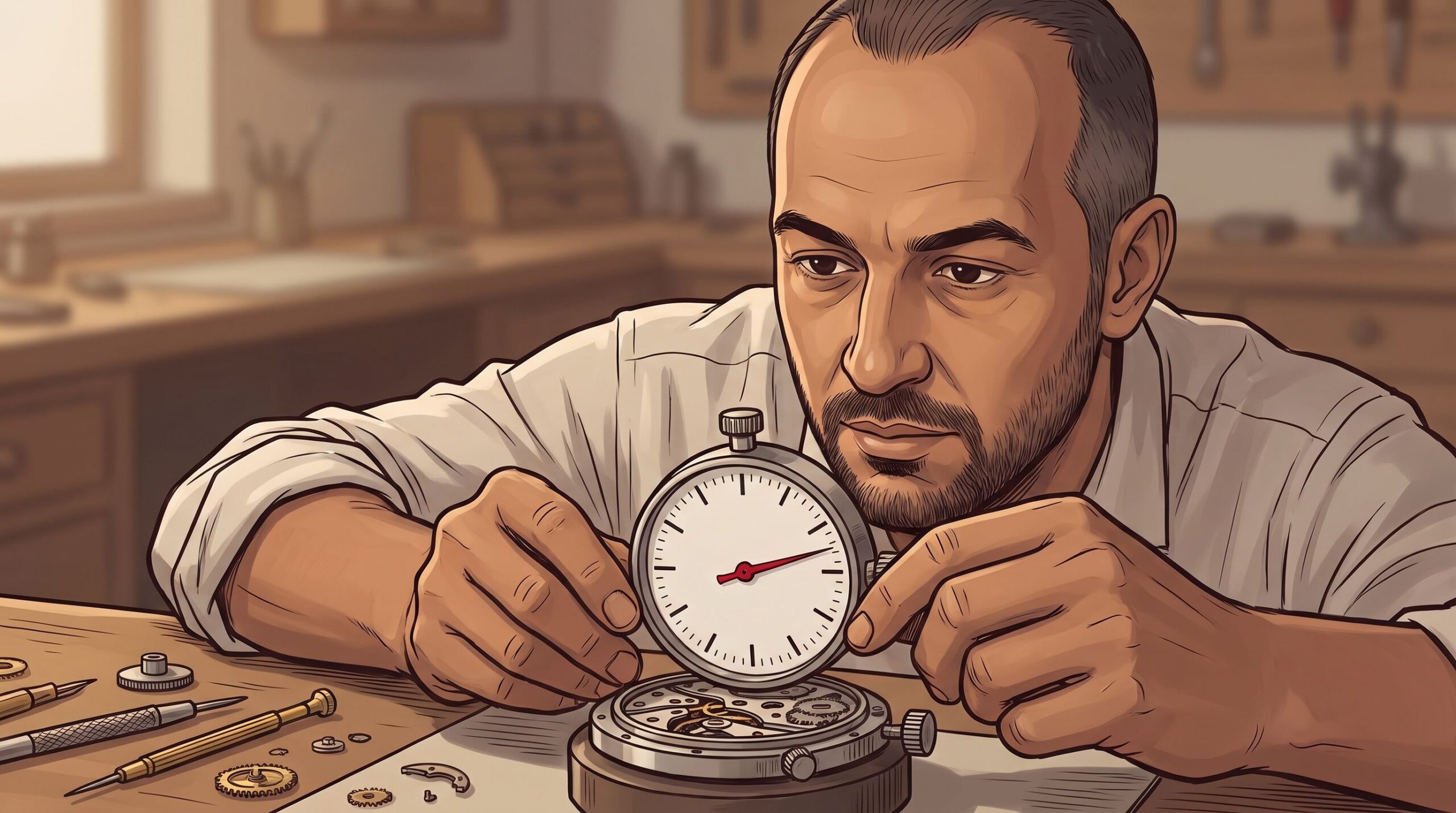 Haider Alleg measures a watch movement with a gauge at a watchmaker's bench