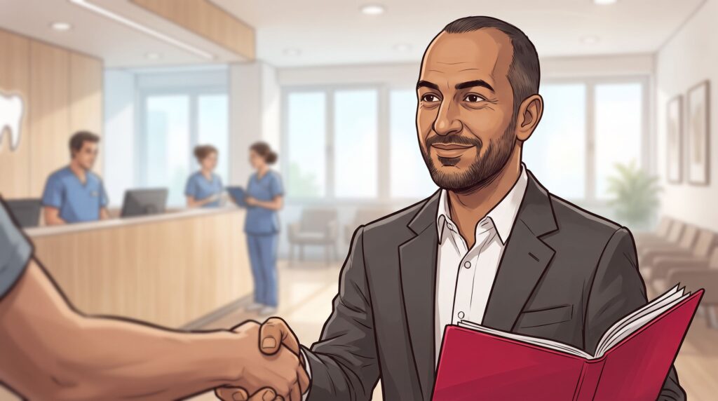 Haider Alleg shakes hands in the reception of a modern Swiss dental clinic