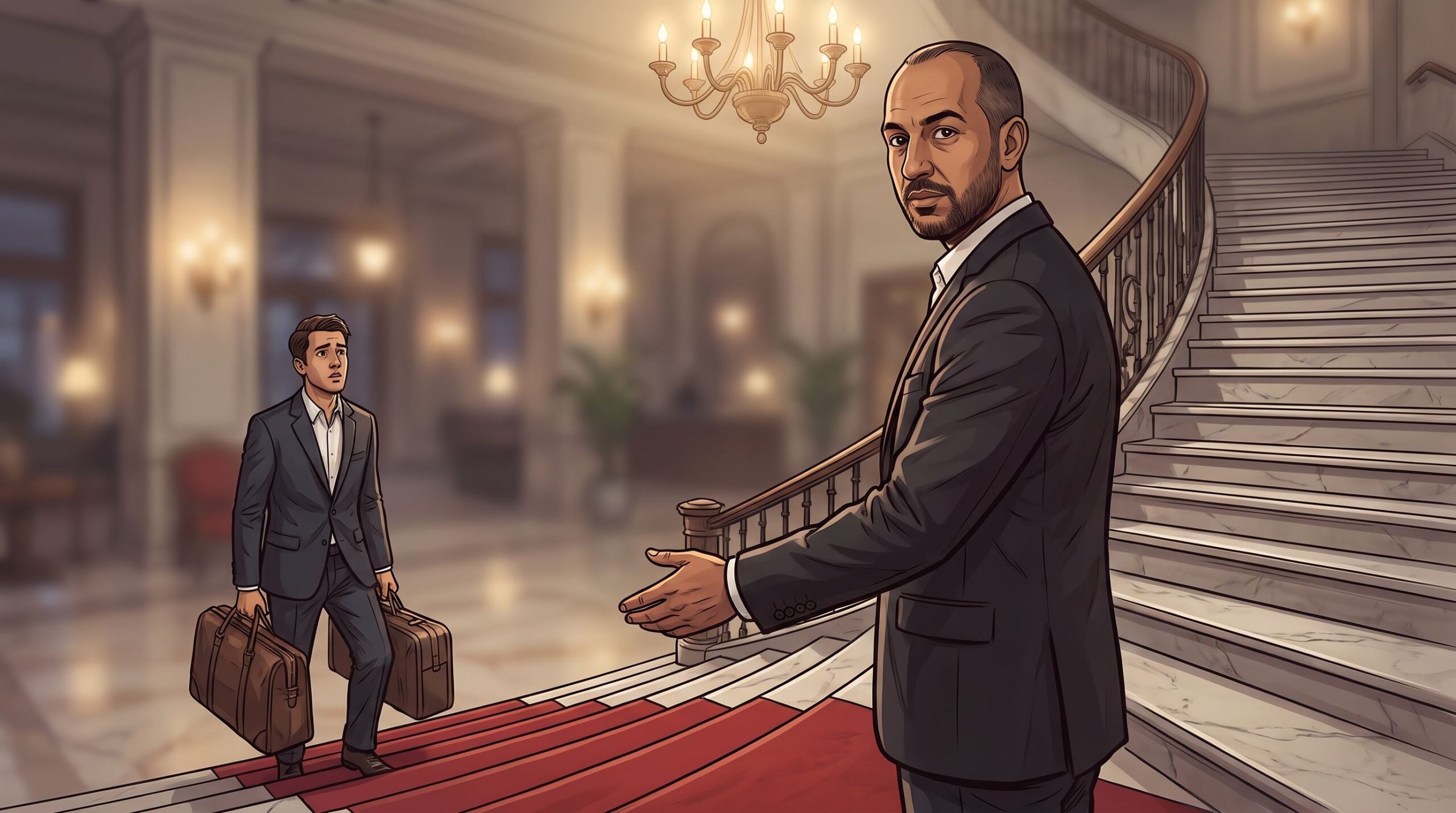 Haider Alleg reaches a hand back down a grand staircase to a colleague hesitating on the first step