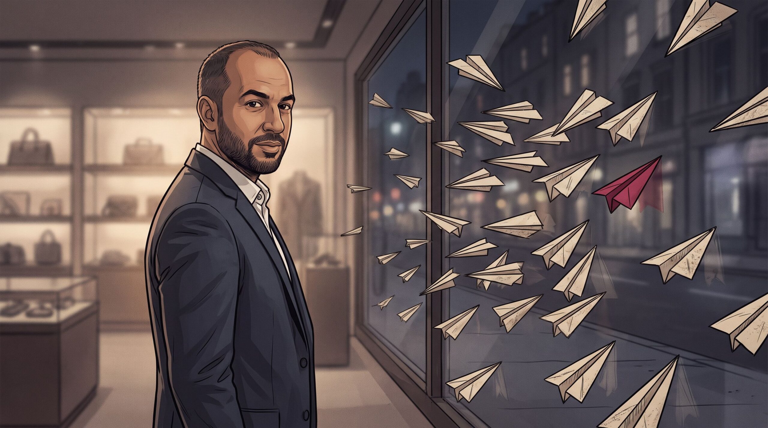 Haider Alleg stands calmly inside a boutique as a swarm of paper darts strikes the shopfront glass