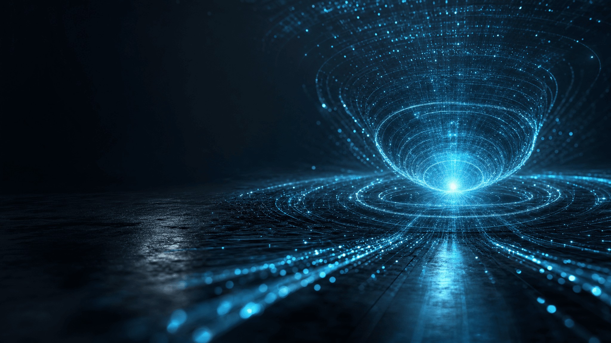 Abstract luminous data-core converging to a bright nucleus, representing GLM-5.2's one-million-token context