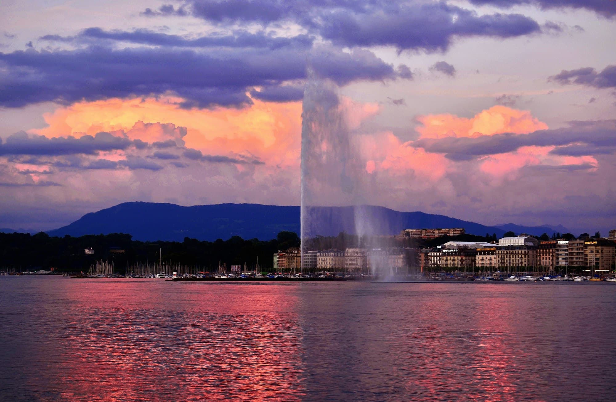 Les couleurs du coucher de soleil à Genève : un ciel rose et violet