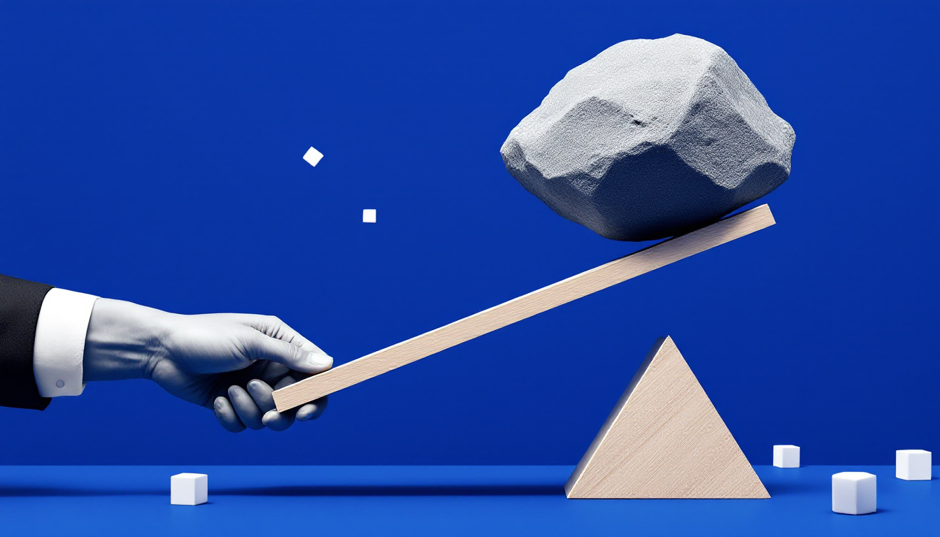 Collage éditorial sur fond bleu cobalt : une main soulève un lourd rocher à l'aide d'un levier et d'un point d'appui — l'effet de levier, cette petite astuce ingénieuse qui fait toute la différence.