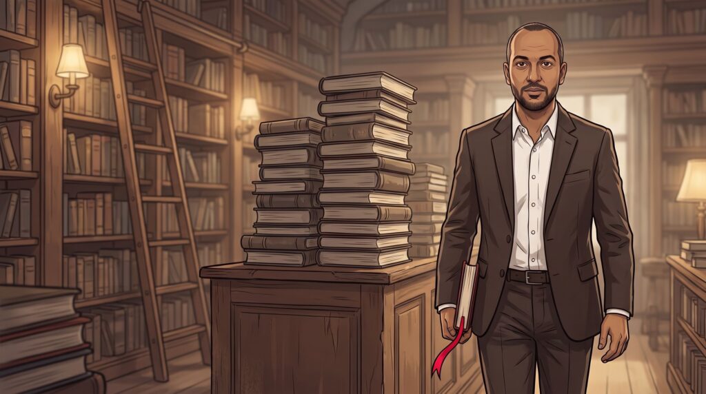 Haider Alleg leaves a bookshop with one slim volume while the unread stack stays on the counter
