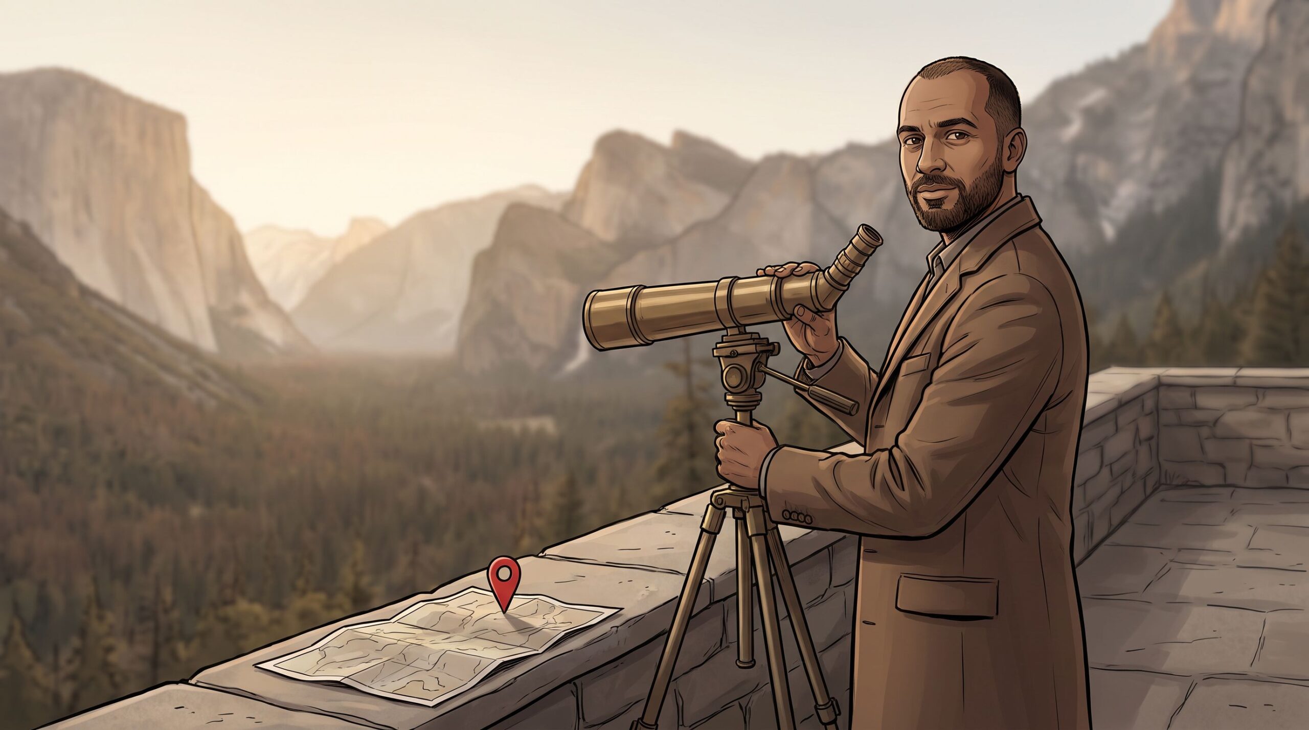 Haider Alleg at a spotting scope on an alpine terrace with a single marker pinned on the map