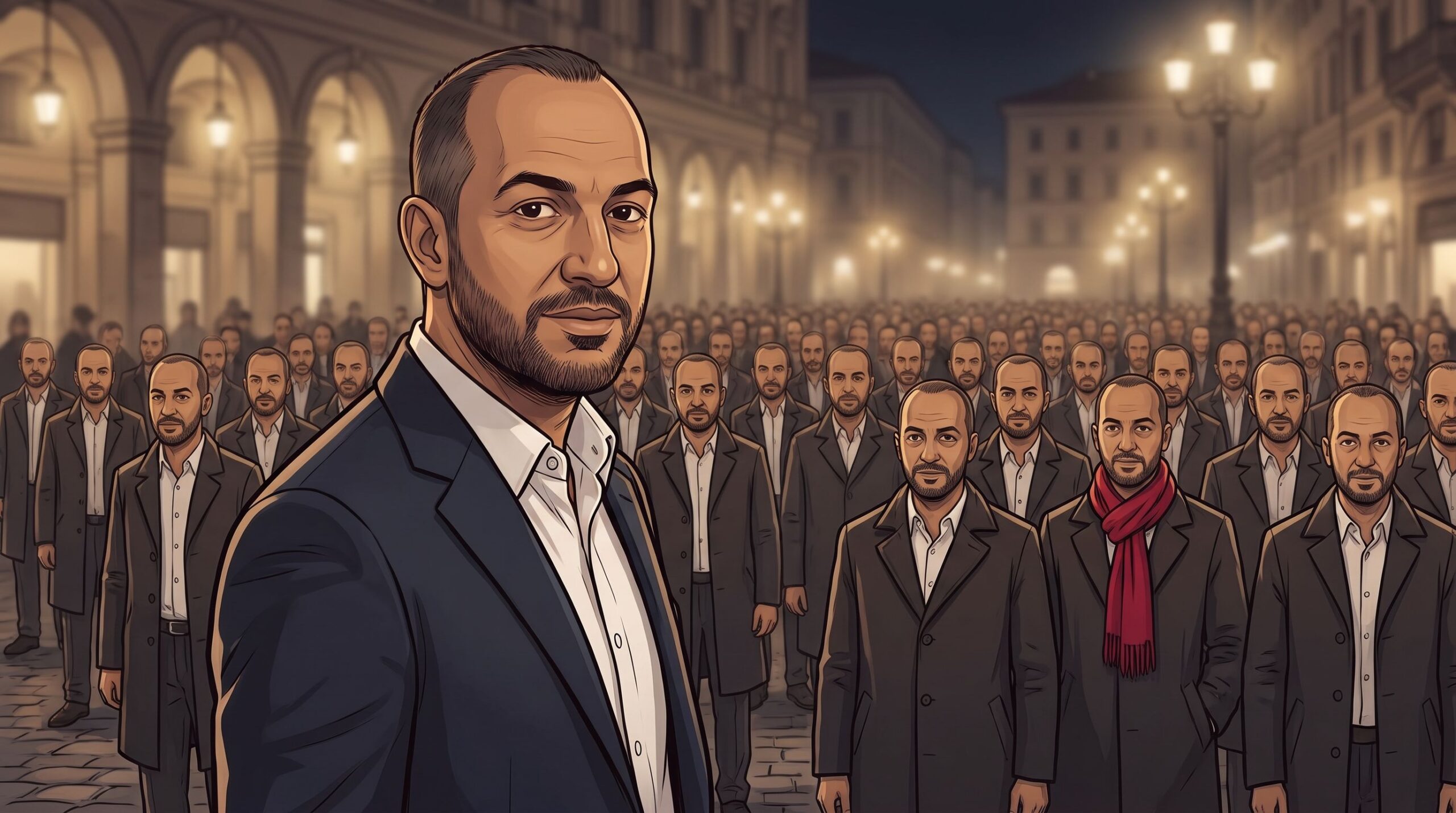 Haider Alleg stands in a night piazza crowd where every other figure is identical