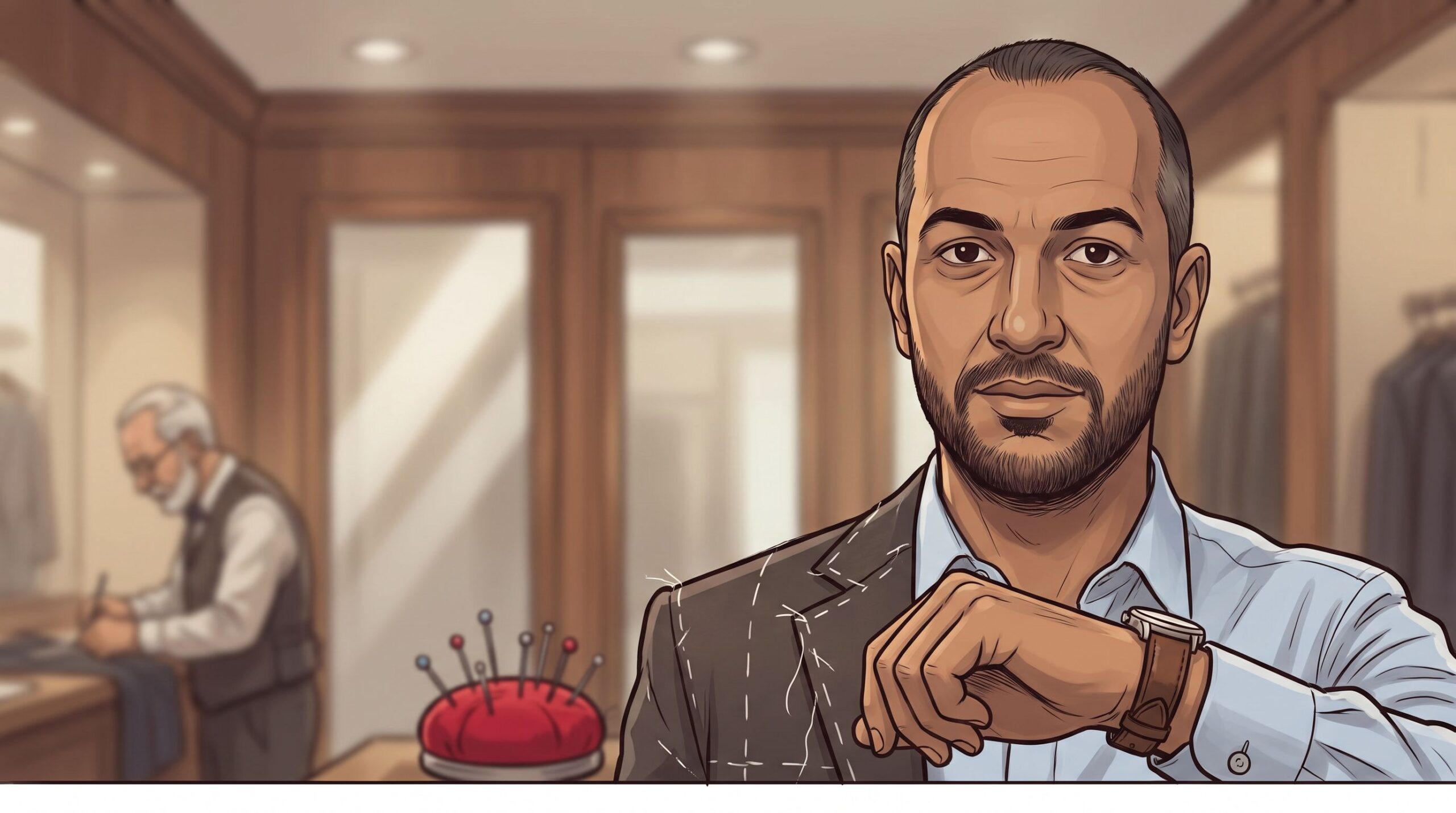 Haider Alleg checks his watch in a tailor's fitting room while the half-made jacket is still being worked on