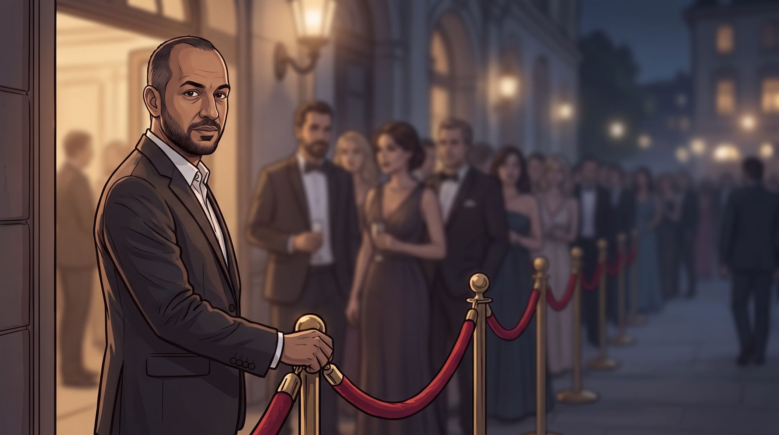 Haider Alleg at a velvet rope deciding who passes into a lit venue while others wait in the dark