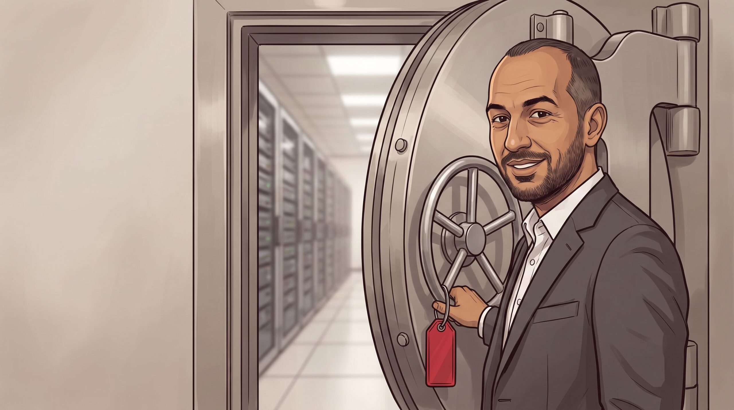 Haider Alleg in an open bank vault doorway that opens onto a hall of server racks