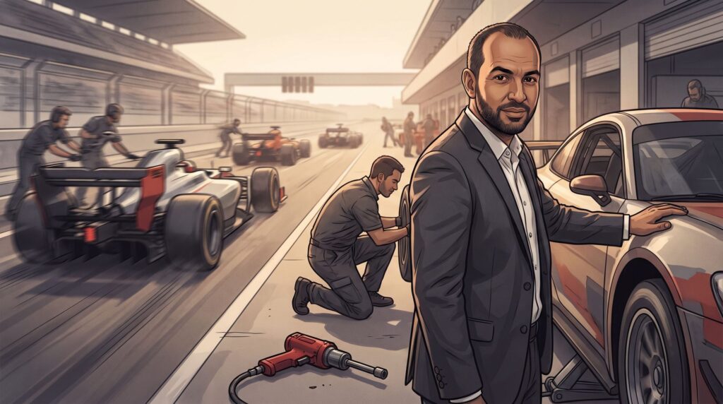 Haider Alleg waits in the pit lane while a component is fitted properly as rival cars tear away