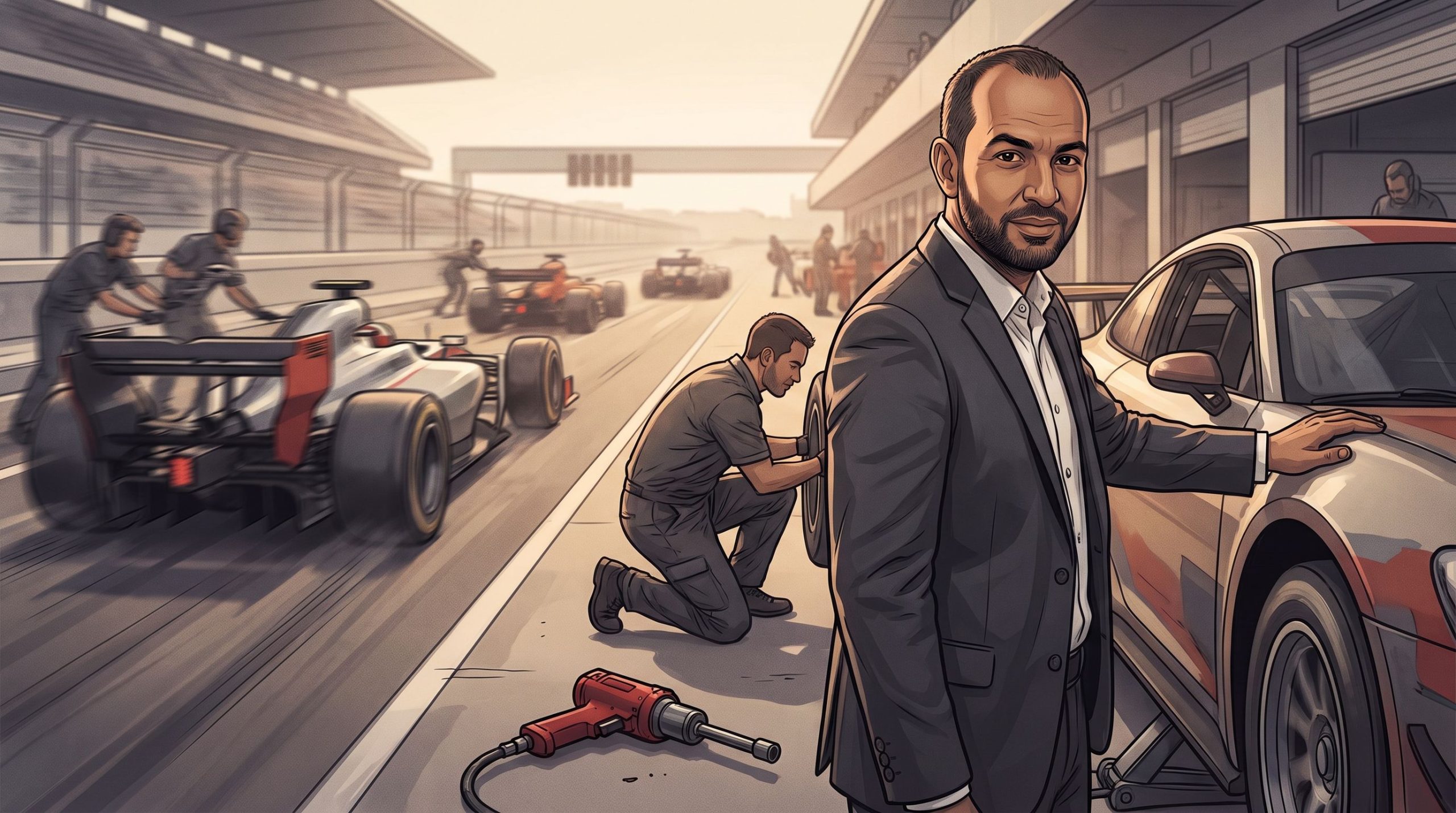 Haider Alleg waits in the pit lane while a component is fitted properly as rival cars tear away