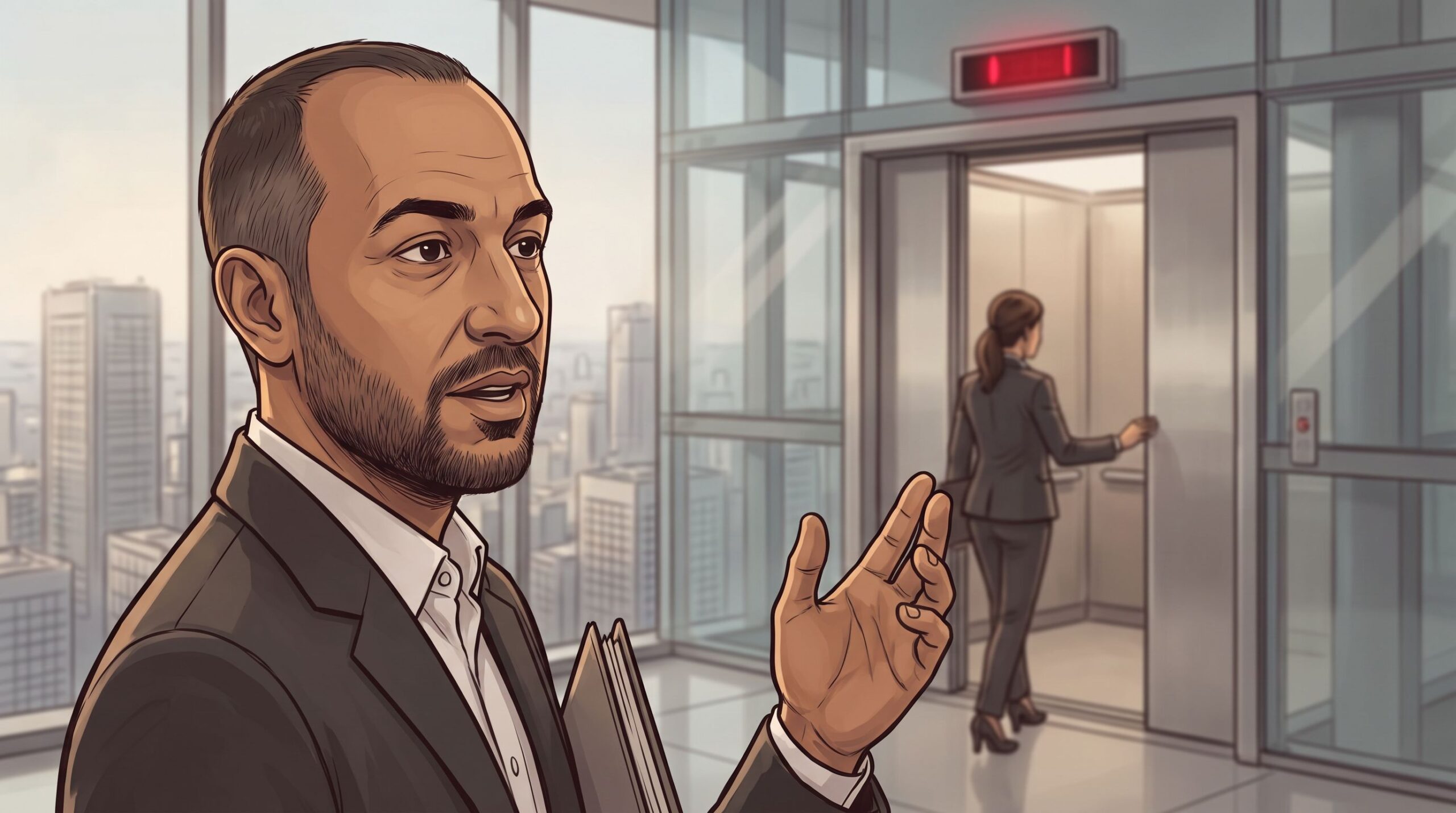 Haider Alleg still making his point in a sky lobby as the other executive steps into the lift