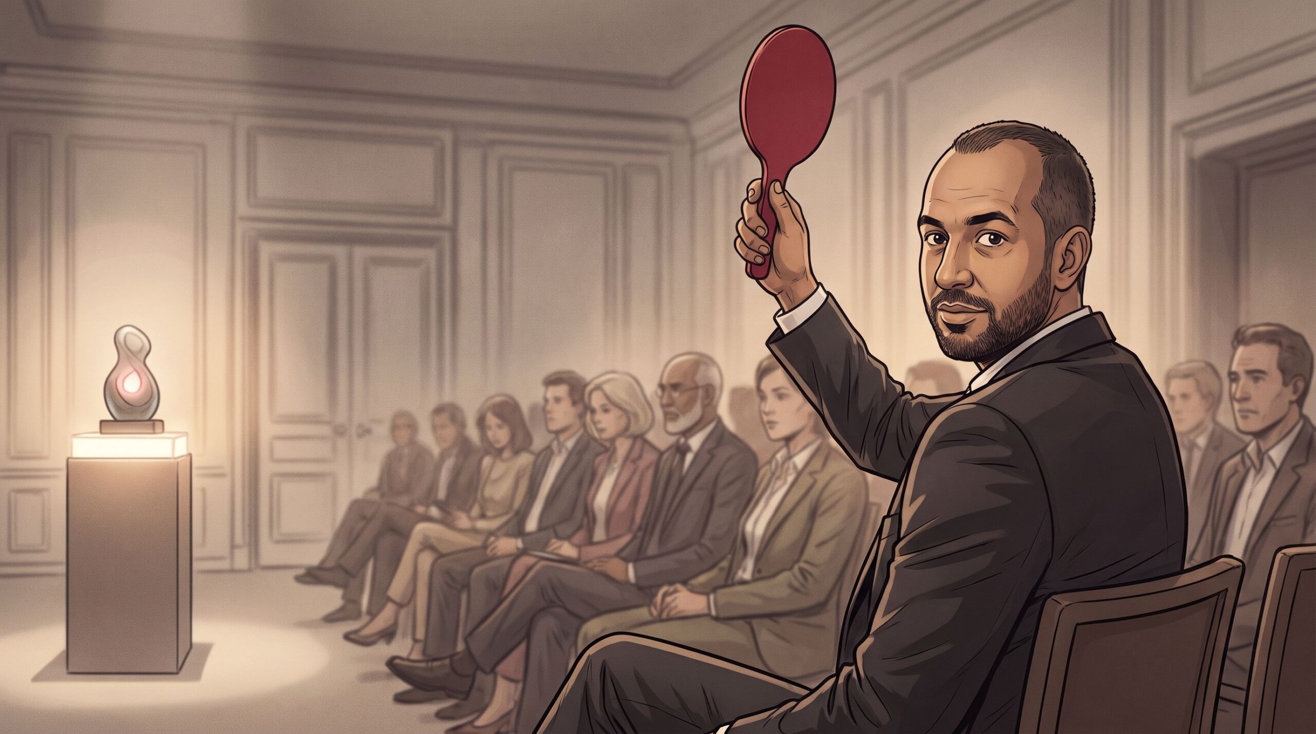 Haider Alleg raises a bidding paddle in an auction room where the lot is a small glowing machine