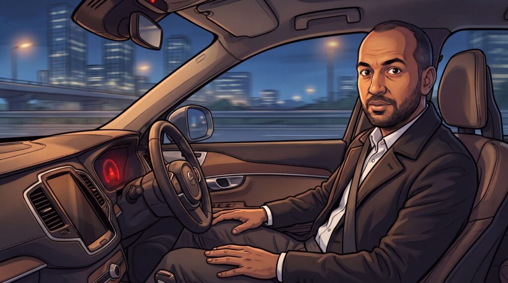 Haider Alleg rides at night in a white Volvo XC90 that is steering itself, hands resting in his lap