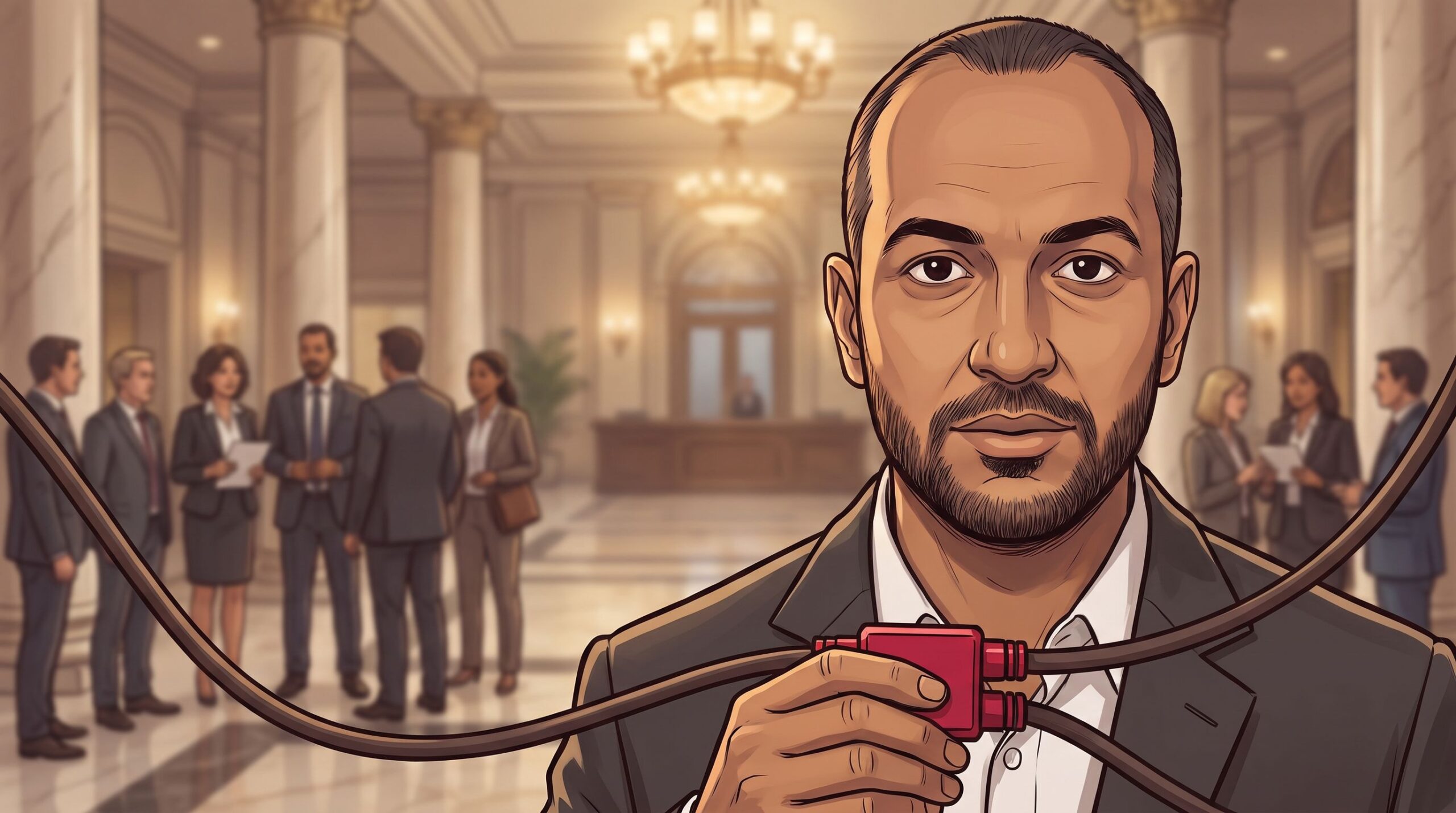 Haider Alleg joins three separate cords into one connector in a grand hotel lobby