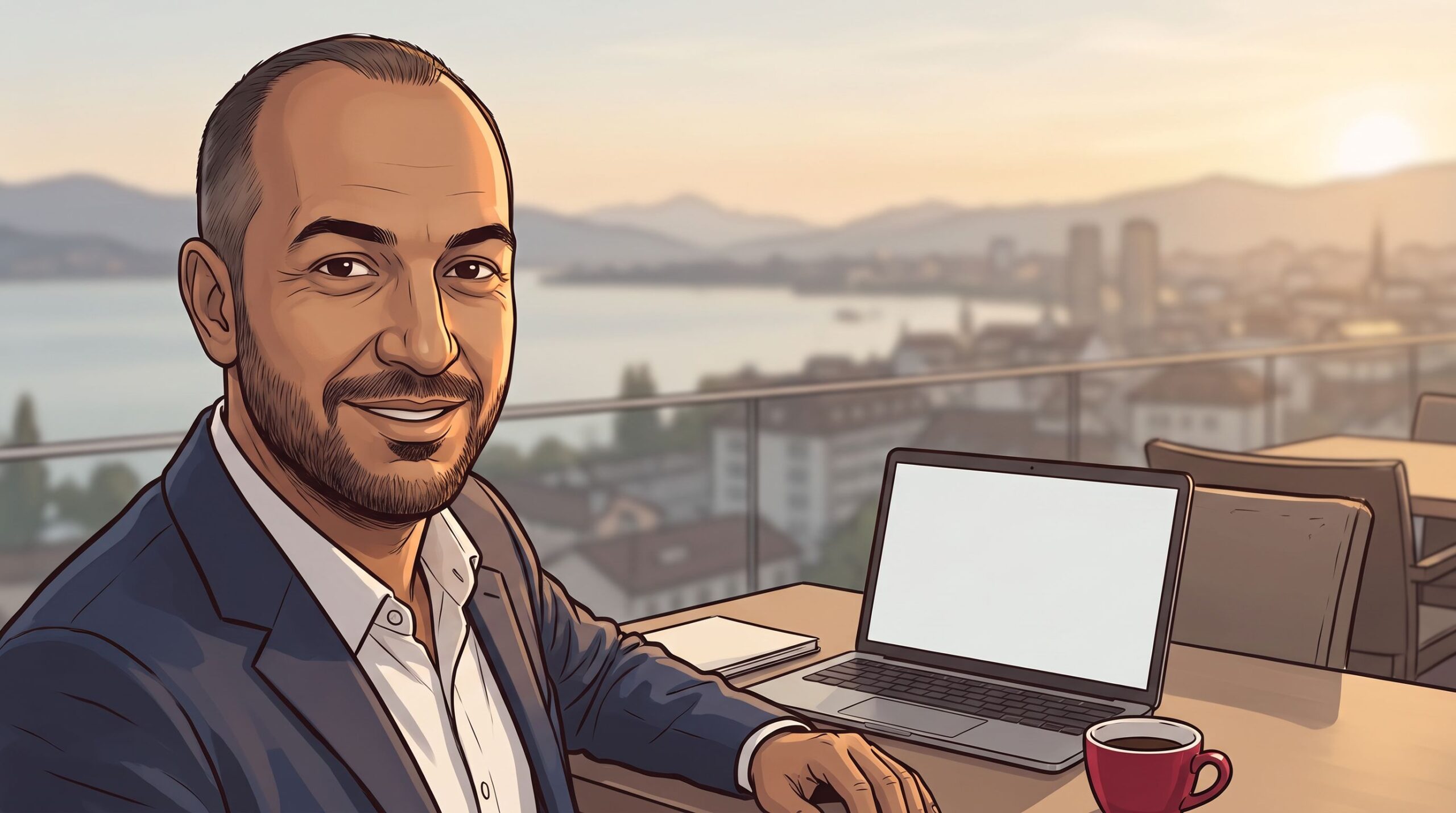 Haider Alleg on a rooftop terrace above a lake city, the seat opposite him holding a working laptop