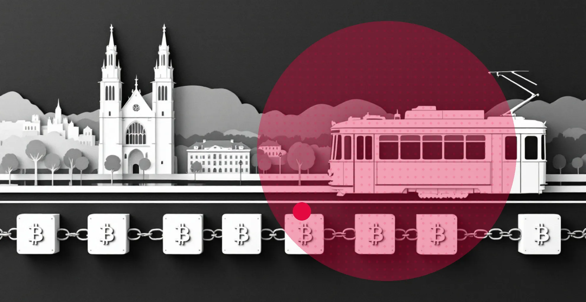 CV Summit 2026 key visual: Zurich Grossmünster skyline, a classic tram, and a chain of bitcoin-marked blocks running as the track