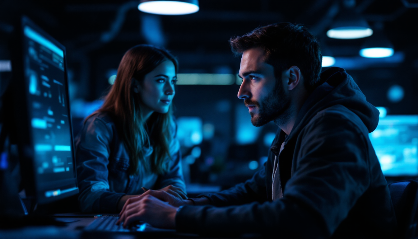 Two Wirecode software engineers collaborating in a dark studio lit in deep blue, illustrating the Netino engineering partnership