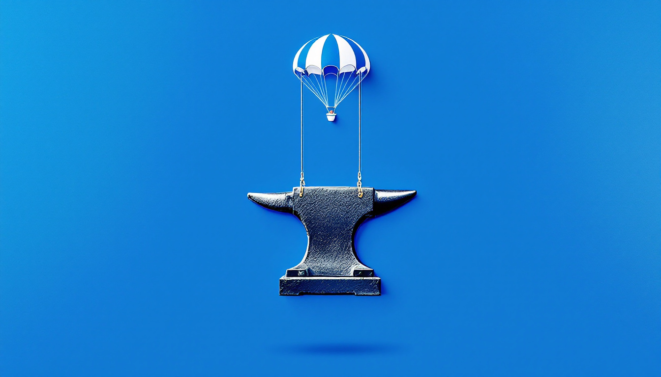 A massive anvil hanging from a toy-sized parachute canopy on a flat cobalt field