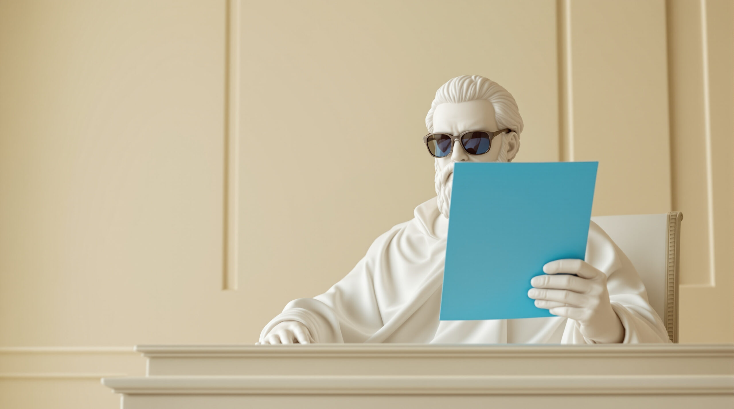 A marble statue in blue sunglasses at a courtroom bench closely examining a blue contract.