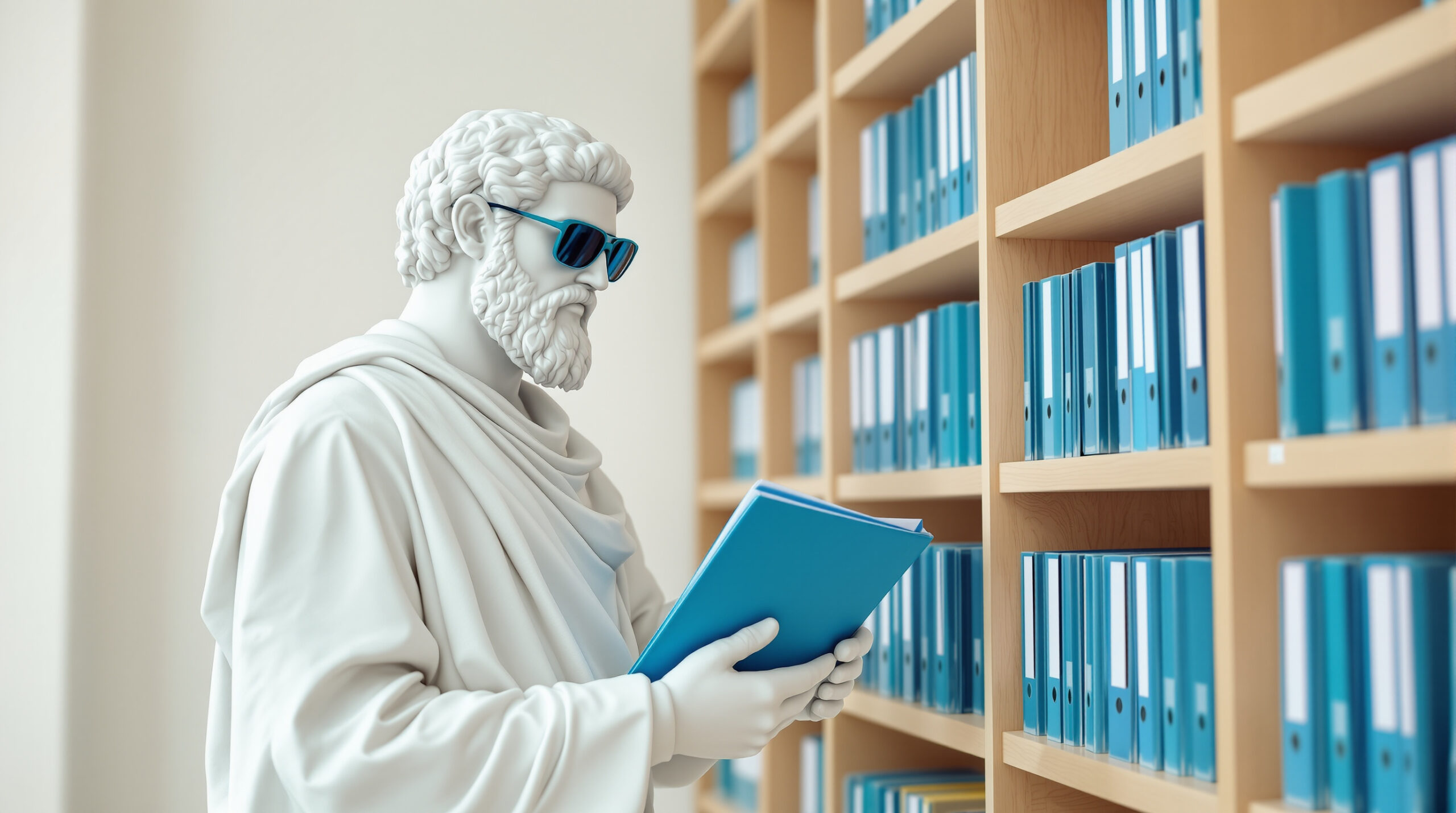 A marble statue in blue sunglasses sorting blue folders at a wall of filing shelves.