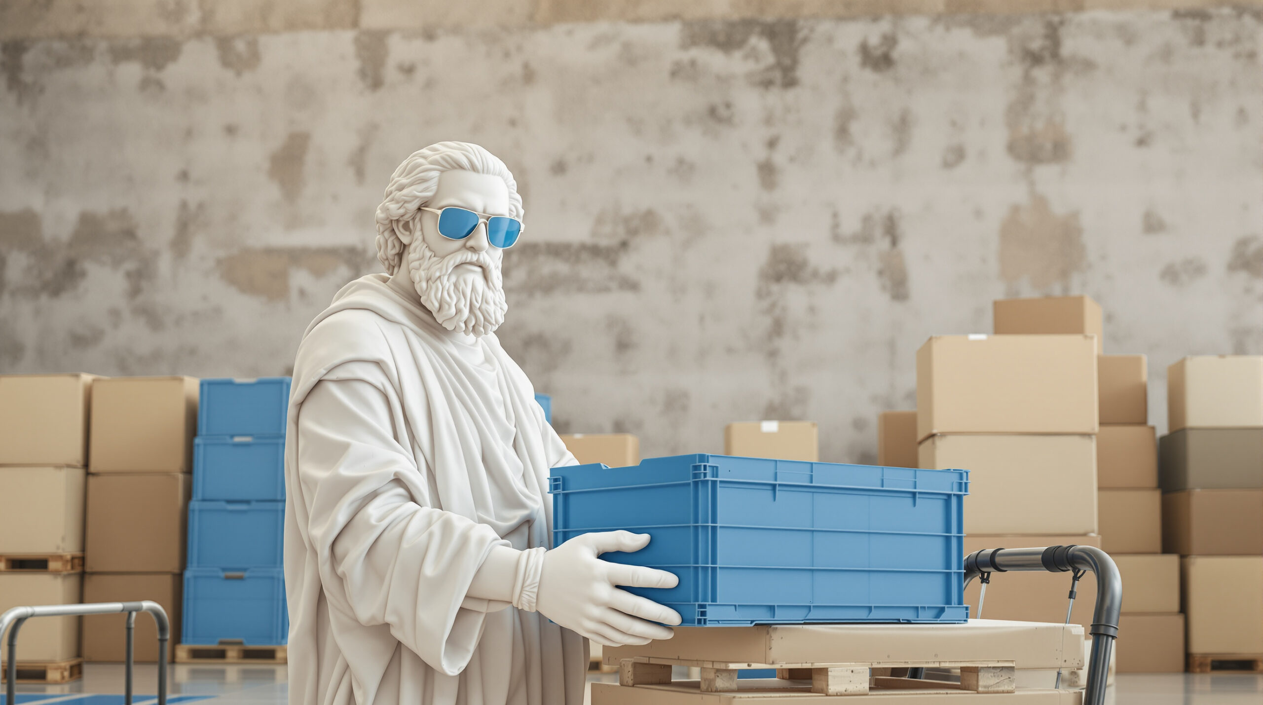 A marble statue in blue sunglasses in a warehouse lifting one blue crate away from a stack onto its own cart.