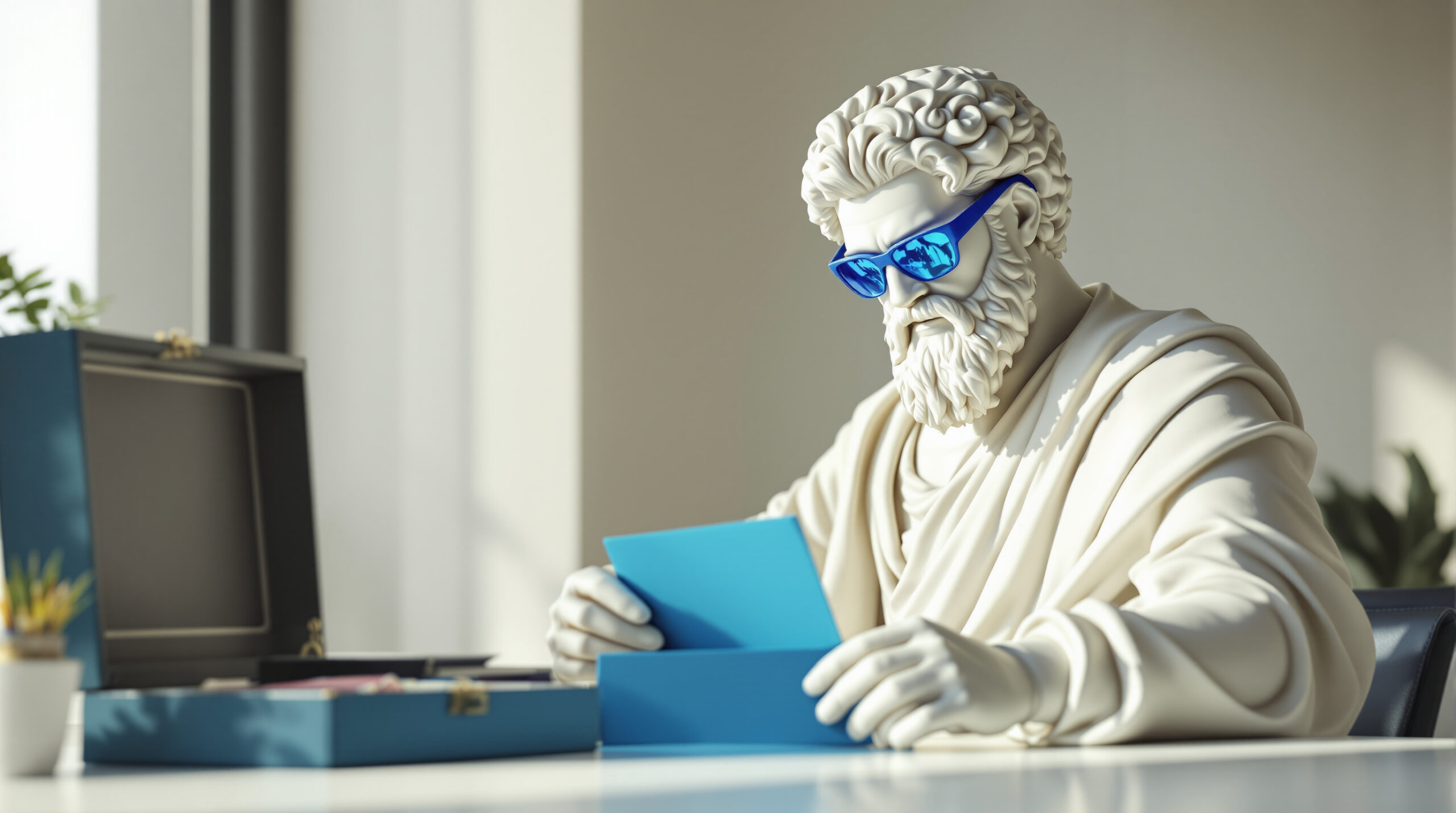 A marble statue in blue sunglasses placing a blue envelope into a strongbox — setting money aside in escrow.