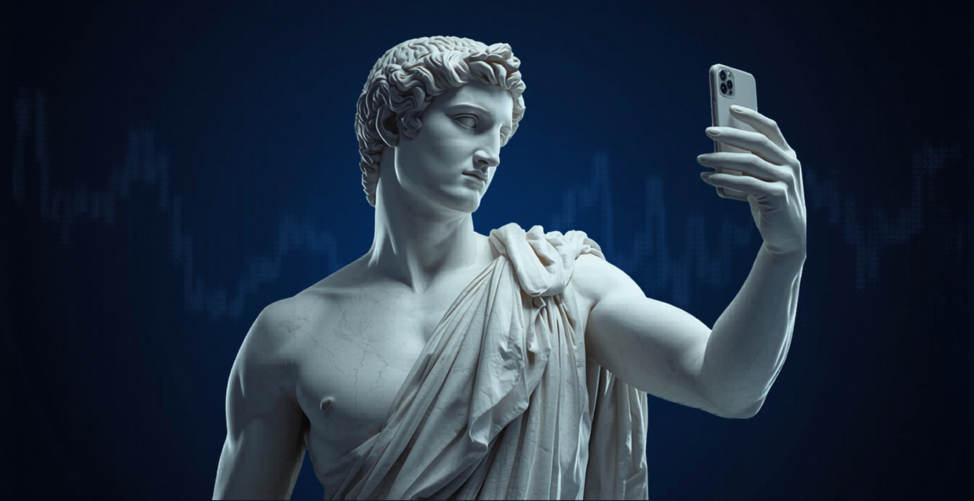 Statue de marbre classique prenant un selfie devant un graphique boursier — Neumarz, orientations stratégiques juin 2026