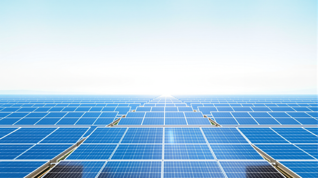 A vast field of blue solar panels receding under a bright, pale-blue sky.