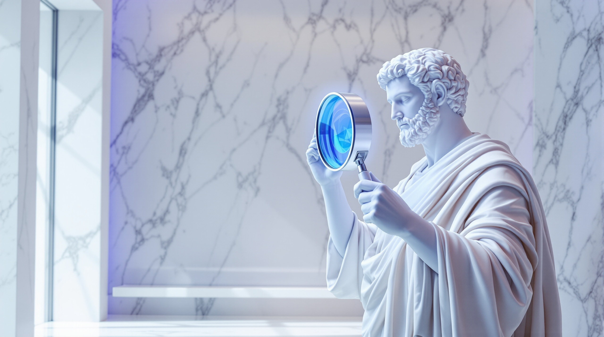 A white marble classical statue holding a glowing blue magnifying lens in a bright marble gallery.