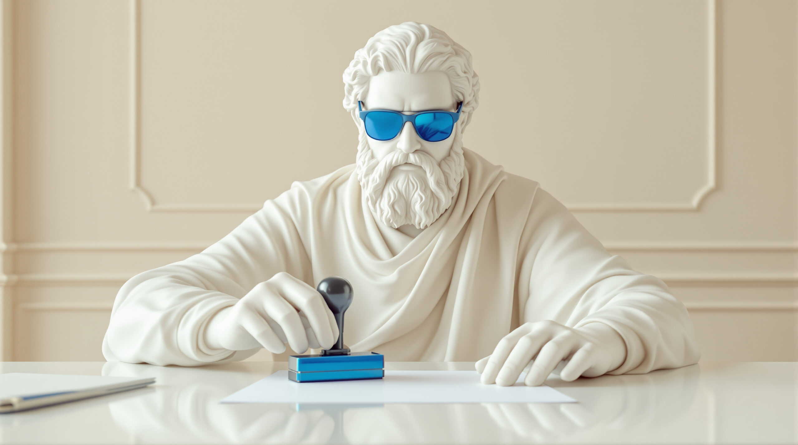 A marble statue in blue sunglasses pressing a blue approval stamp onto a document at a desk.