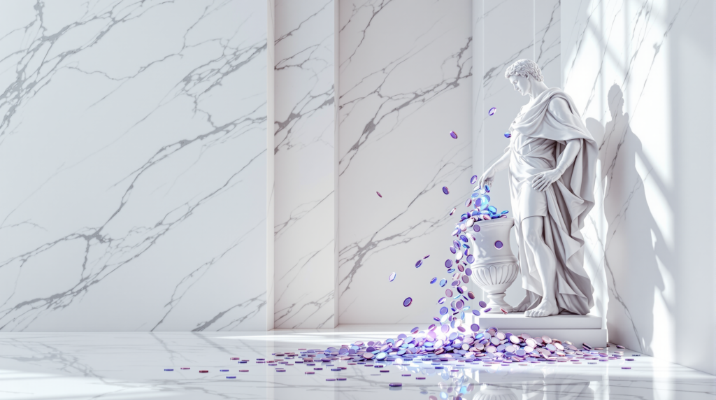A white marble classical statue tipping an urn from which glowing blue coins pour out in a bright marble hall.