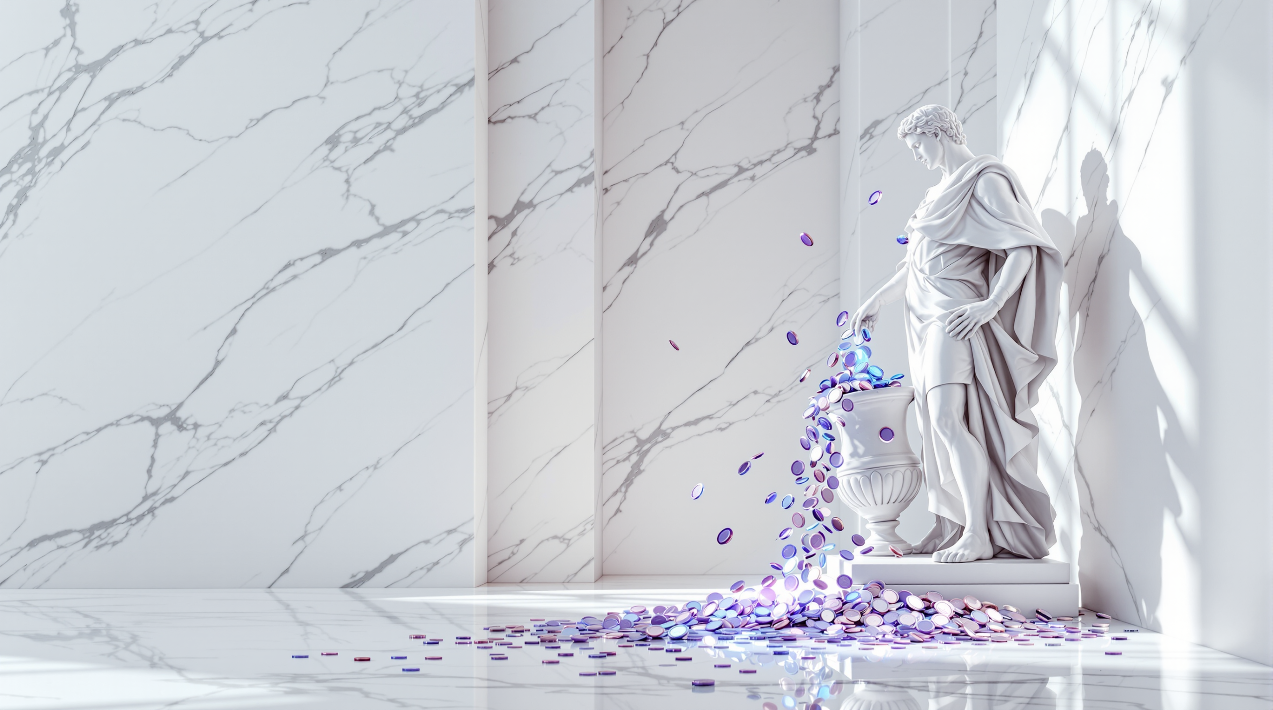 A white marble classical statue tipping an urn from which glowing blue coins pour out in a bright marble hall.
