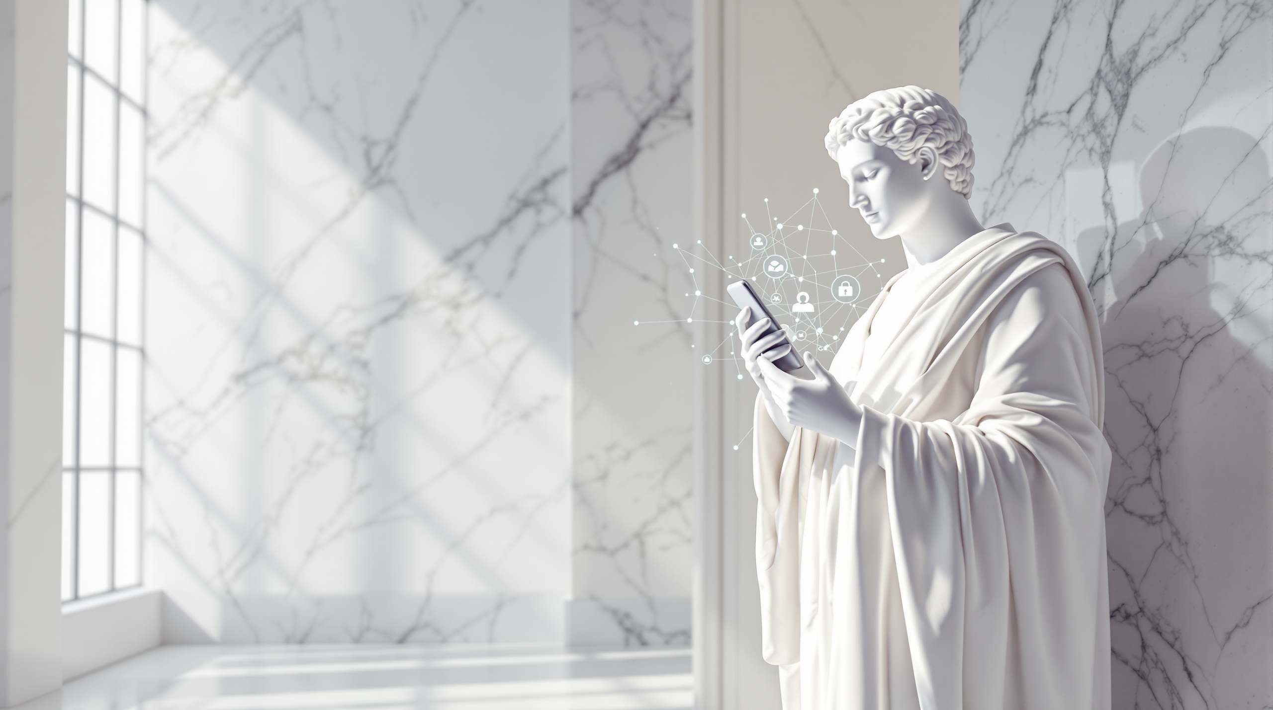 A white marble classical statue holding a smartphone that emits a glowing blue network of connected nodes, in a bright marble gallery.